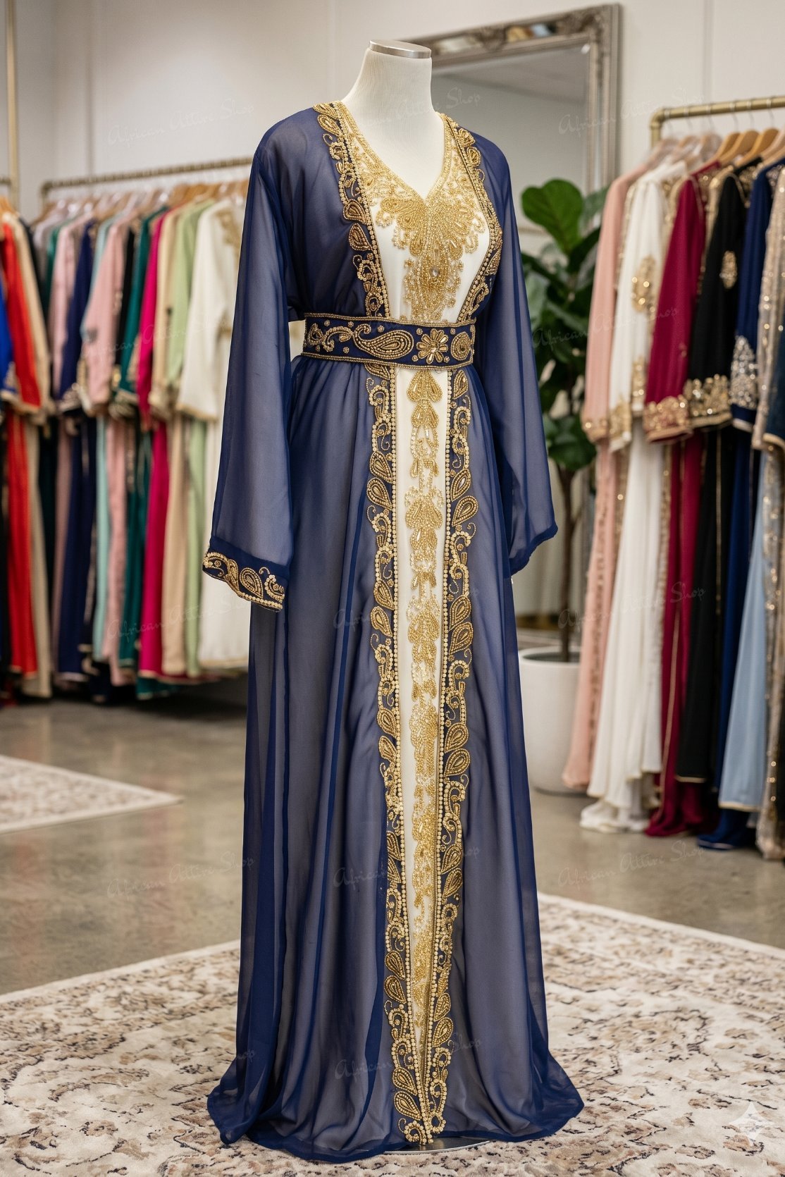 Navy Blue and White Zari Kaftan Wedding Dress Handcrafted Georgette Party Gown (1)