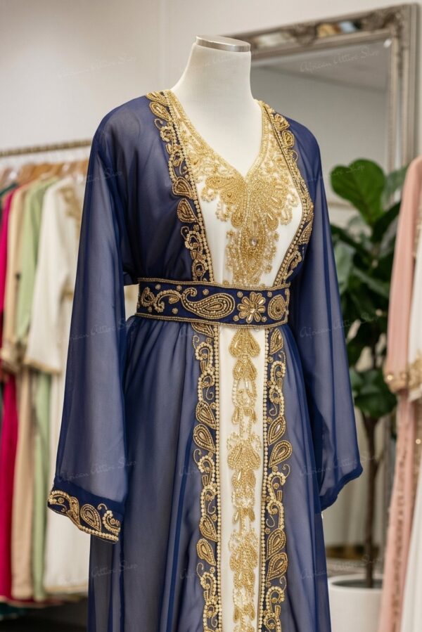 Navy Blue and White Zari Kaftan Wedding Dress Handcrafted Georgette Party Gown (2)