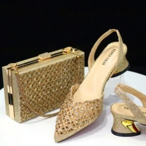 Pointed-Toe Pumps and Bag Set with Embroidered Rhinestones (Gold)