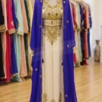 White and gold Moroccan kaftan with blue overlay (1)