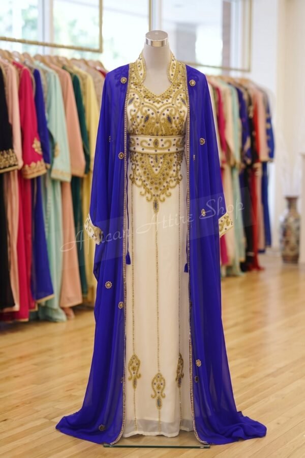 White and gold Moroccan kaftan with blue overlay (1)