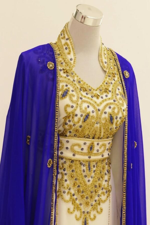 White and gold Moroccan kaftan with blue overlay (2)