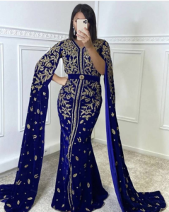 Royal Blue Handcrafted Zari Stone Work Stitched Velvet Kaftan Party Wedding Dresses
