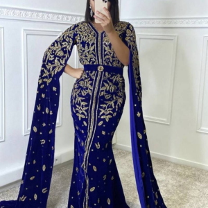 Royal Blue Handcrafted Zari Stone Work Stitched Velvet Kaftan Party Wedding Dresses