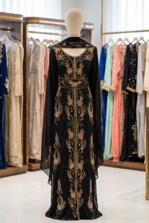 Black Moroccan kaftan with gold embroidery back view (1)