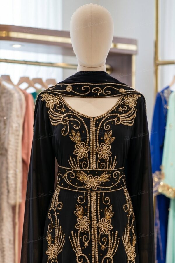 Black Moroccan kaftan with gold embroidery back view (2)