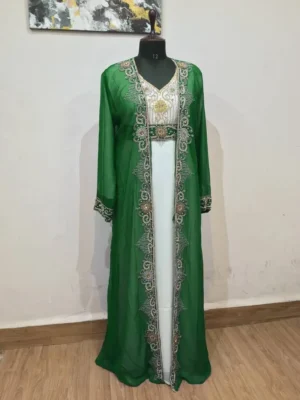 Dark Green Hand Beaded Full Sleeves Moroccan Kaftan (1)