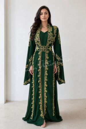 Emerald Green Moroccan Kaftan Dress with Gold Embroidery Luxury Handmade Womens Wedding Kaftan Traditional Moroccan Takchita Evening Gown with Embroidered Belt (1)