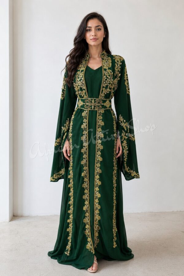 Emerald Green Moroccan Kaftan Dress with Gold Embroidery Luxury Handmade Womens Wedding Kaftan Traditional Moroccan Takchita Evening Gown with Embroidered Belt (1)