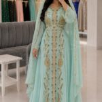 Light Aqua Moroccan Kaftan Dress with Gold Embroidery and Matching Hijab (1)