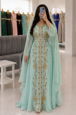 Light Aqua Moroccan Kaftan Dress with Gold Embroidery and Matching Hijab (1)