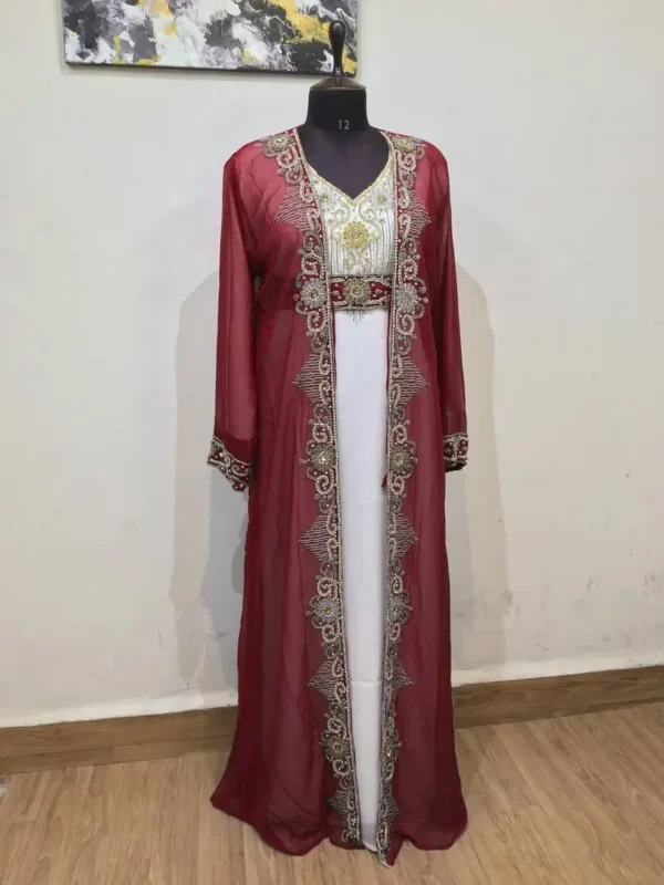 Maroon Hand Beaded Full Sleeves Two-Piece Moroccan Kaftan Jacket (1)