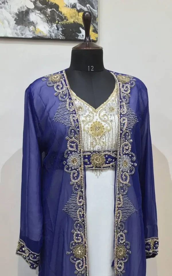 Navy Blue & White Hand Beaded Moroccan Kaftan (1)