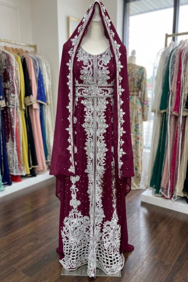 Purple Moroccan kaftan with silver Aari embroidery and matching hijab (1)