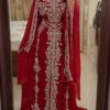 Red Moroccan bridal kaftan with silver embroidery matching veil and embellished waist belt (1)