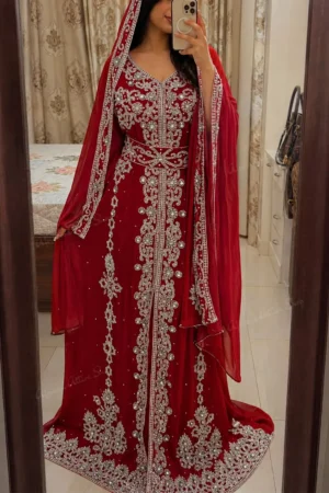 Red Moroccan bridal kaftan with silver embroidery matching veil and embellished waist belt (1)