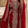 Red Moroccan bridal kaftan with silver embroidery matching veil and embellished waist belt (2)