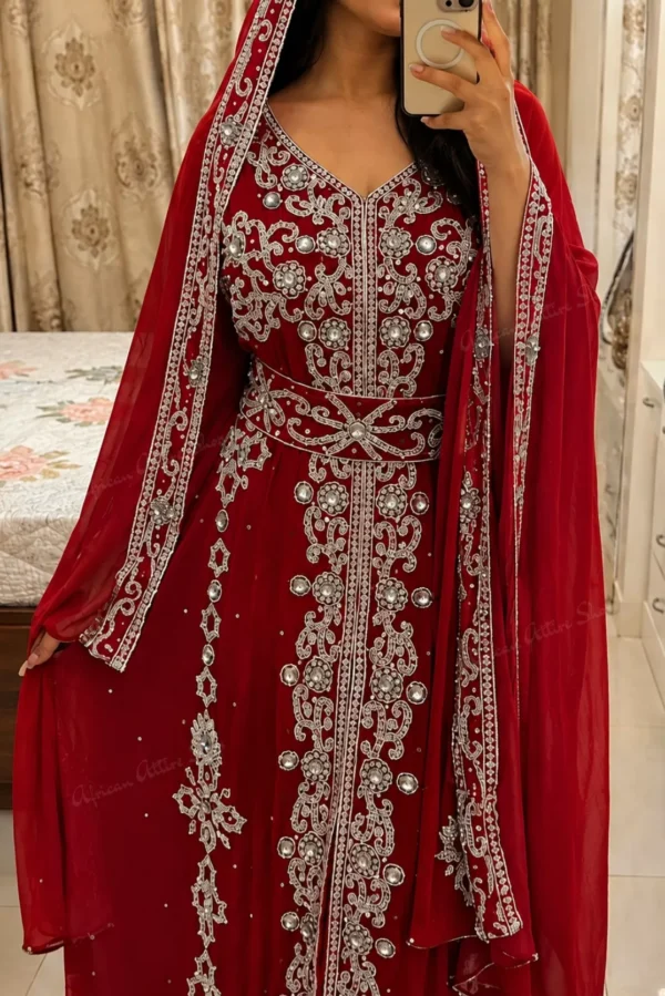 Red Moroccan bridal kaftan with silver embroidery matching veil and embellished waist belt (2)