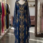 Royal blue Moroccan kaftan with gold embroidery and hood (1)