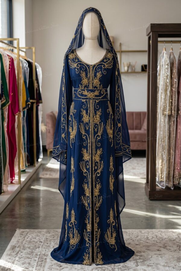 Royal blue Moroccan kaftan with gold embroidery and hood (1)