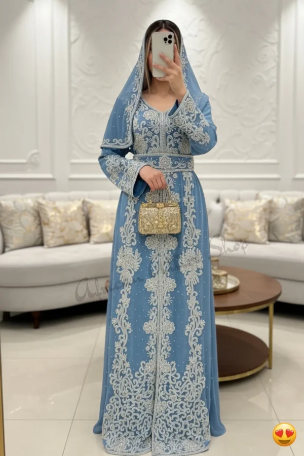 Sky Blue Dubai Kaftan Dress with Silver Hand Embroidery Moroccan Wedding Kaftan Luxury Arabic Abaya Dress African Attire Shop (1)