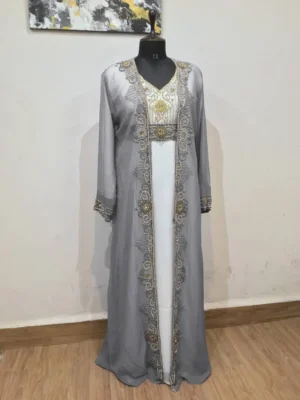 Stylish Grey Full Sleeves Hand Beaded Moroccan Kaftan (1)