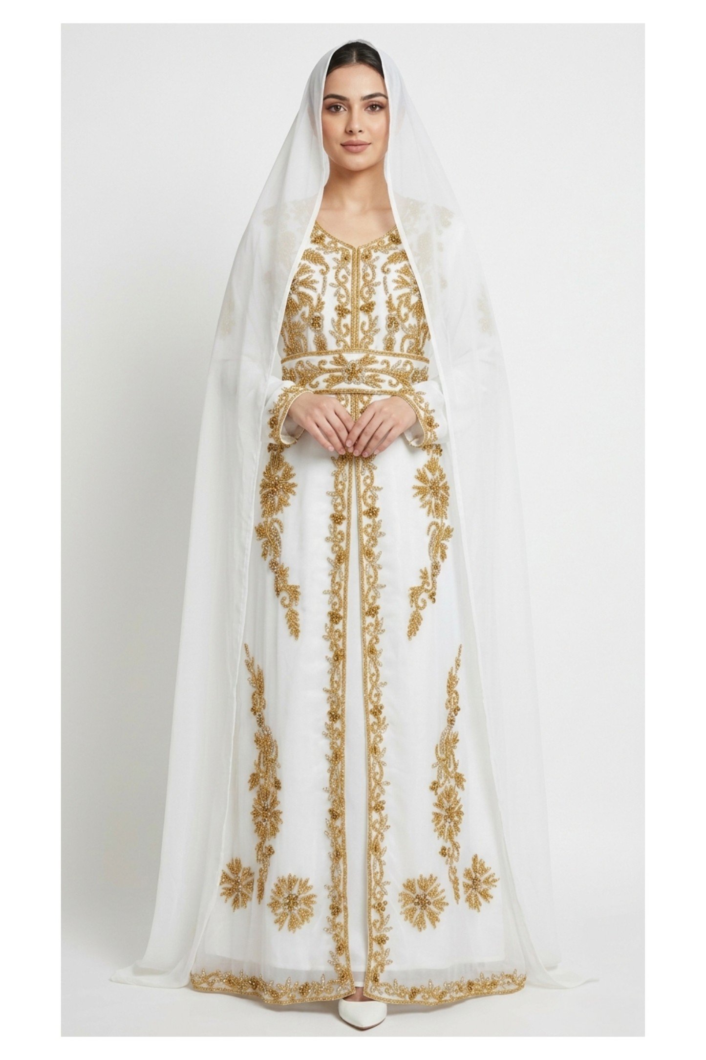 White Moroccan bridal kaftan with gold embroidery (1)