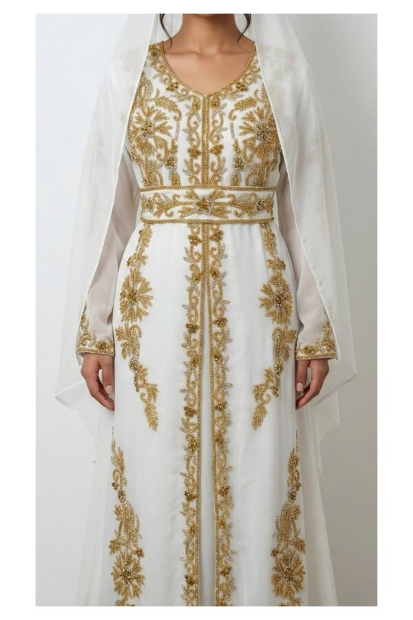 White Moroccan bridal kaftan with gold embroidery (2)
