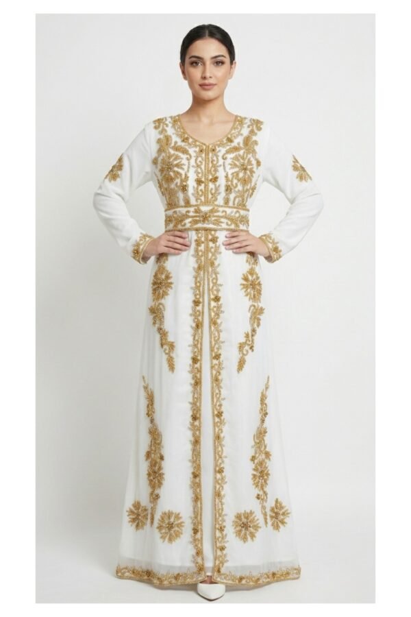 White Moroccan bridal kaftan with gold embroidery (3)