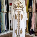 White hooded Moroccan bridal kaftan with gold embroidery (1)