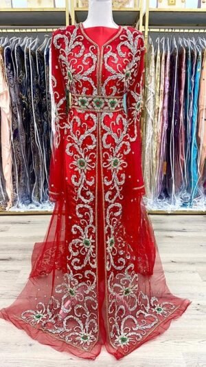 Beautiful Red Moroccan Kaftan Dress for Wedding Guest Hand Beaded Gown