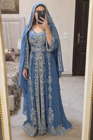 sky blue Moroccan bridal kaftan with silver embroidery (1)