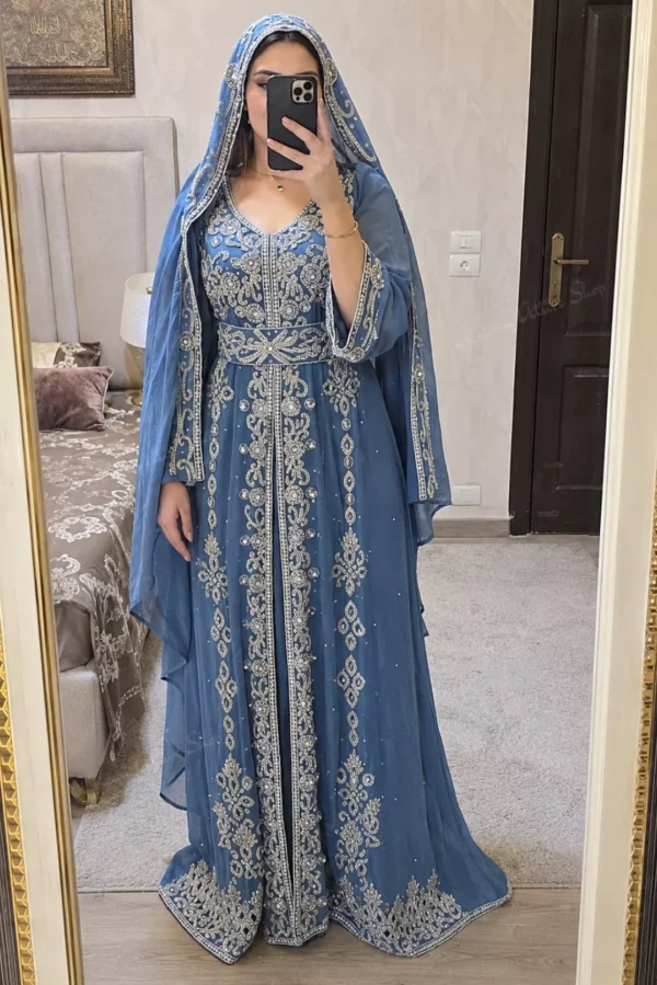 sky blue Moroccan bridal kaftan with silver embroidery (1)