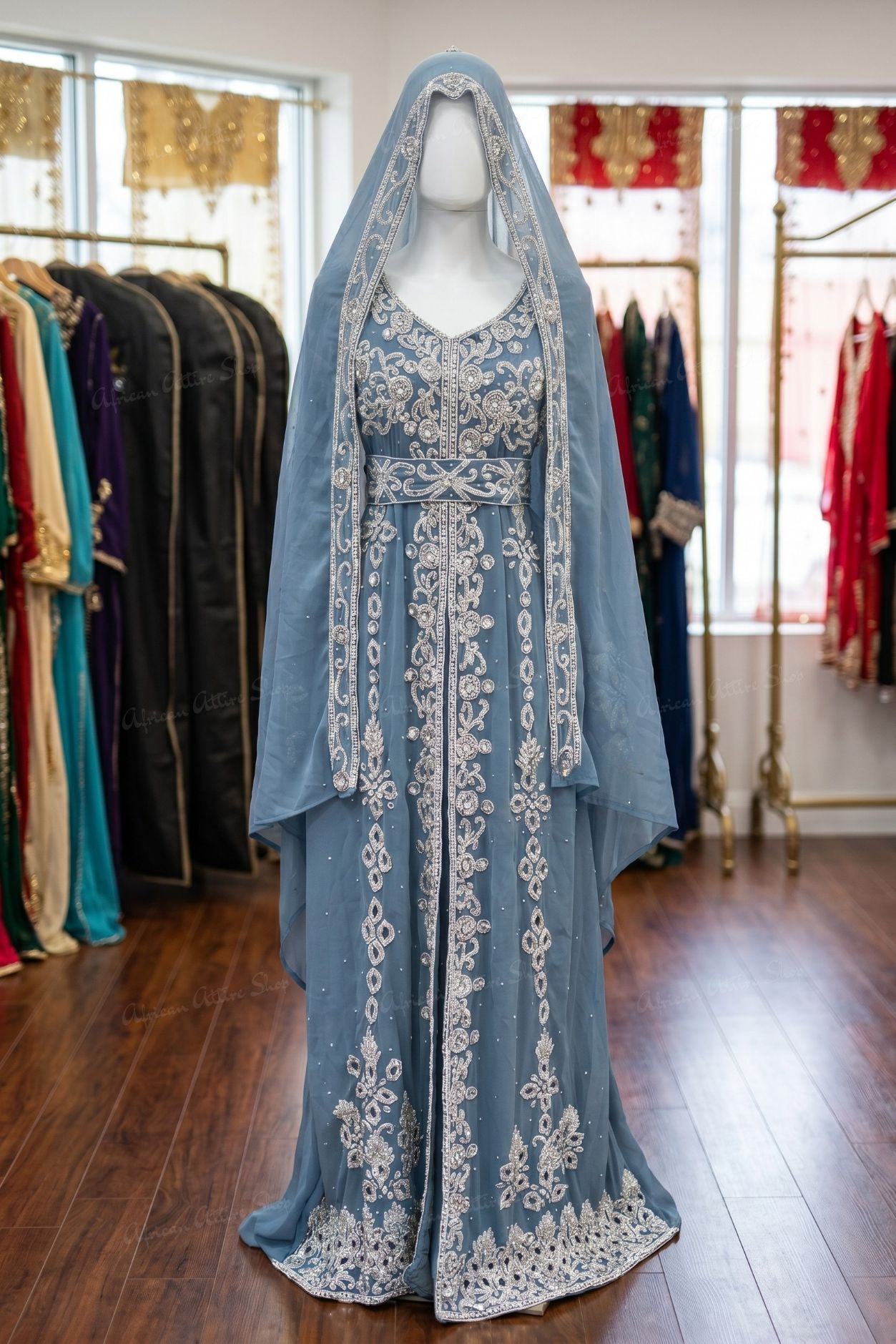 sky blue Moroccan bridal kaftan with silver embroidery (1)