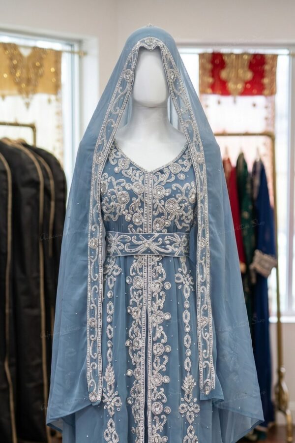 sky blue Moroccan bridal kaftan with silver embroidery (2)