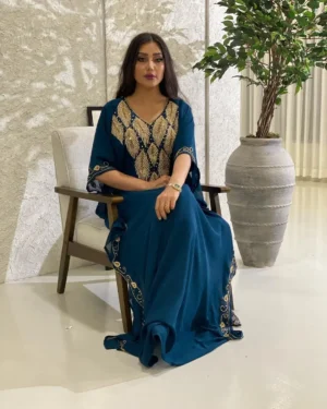 Teal Blue Georgette Kaftan with Gold Zari Embroidery