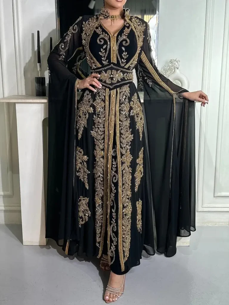 Sale! Luxurious Dubai Hand-Beaded Black Moroccan Kaftan Dress – Limited Stock!