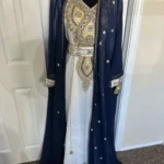 Navy Blue & White Stone Beaded Abaya with Inner Jacket and Belt (1)