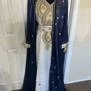 Navy Blue & White Stone Beaded Abaya with Inner Jacket and Belt (1)