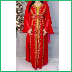 Red Moroccan Wedding Kaftan Dress with Gold Hand Embroidery (1)