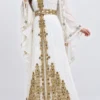 White Moroccan bridal kaftan with gold embroidery embellished belt sheer matching veil and ornate full length hem (1)