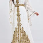 White Moroccan bridal kaftan with gold embroidery embellished belt sheer matching veil and ornate full length hem (1)