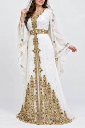 White Moroccan bridal kaftan with gold embroidery embellished belt sheer matching veil and ornate full length hem (1)