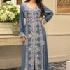 Blue Moroccan kaftan with silver embroidered beadwork (1)