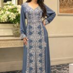 Blue Moroccan kaftan with silver embroidered beadwork (1)