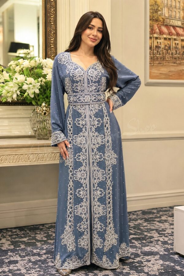 Blue Moroccan kaftan with silver embroidered beadwork (1)