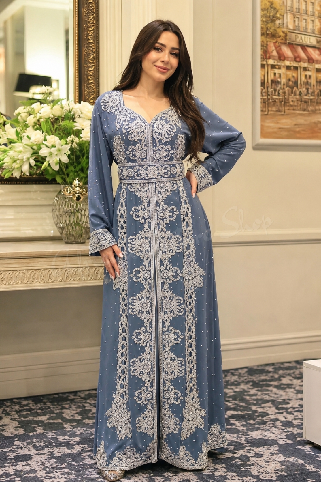 Blue Moroccan kaftan with silver embroidered beadwork (1)