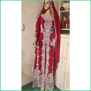 Maroon Nikkah Abaya Kaftan Wedding Dress with Long Moroccan Wedding Gown