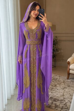 Purple Moroccan kaftan dress with gold embroidery and beadwork (1)