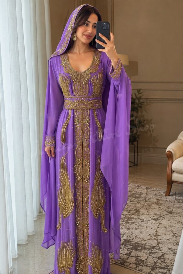 Purple Moroccan kaftan dress with gold embroidery and beadwork (1)